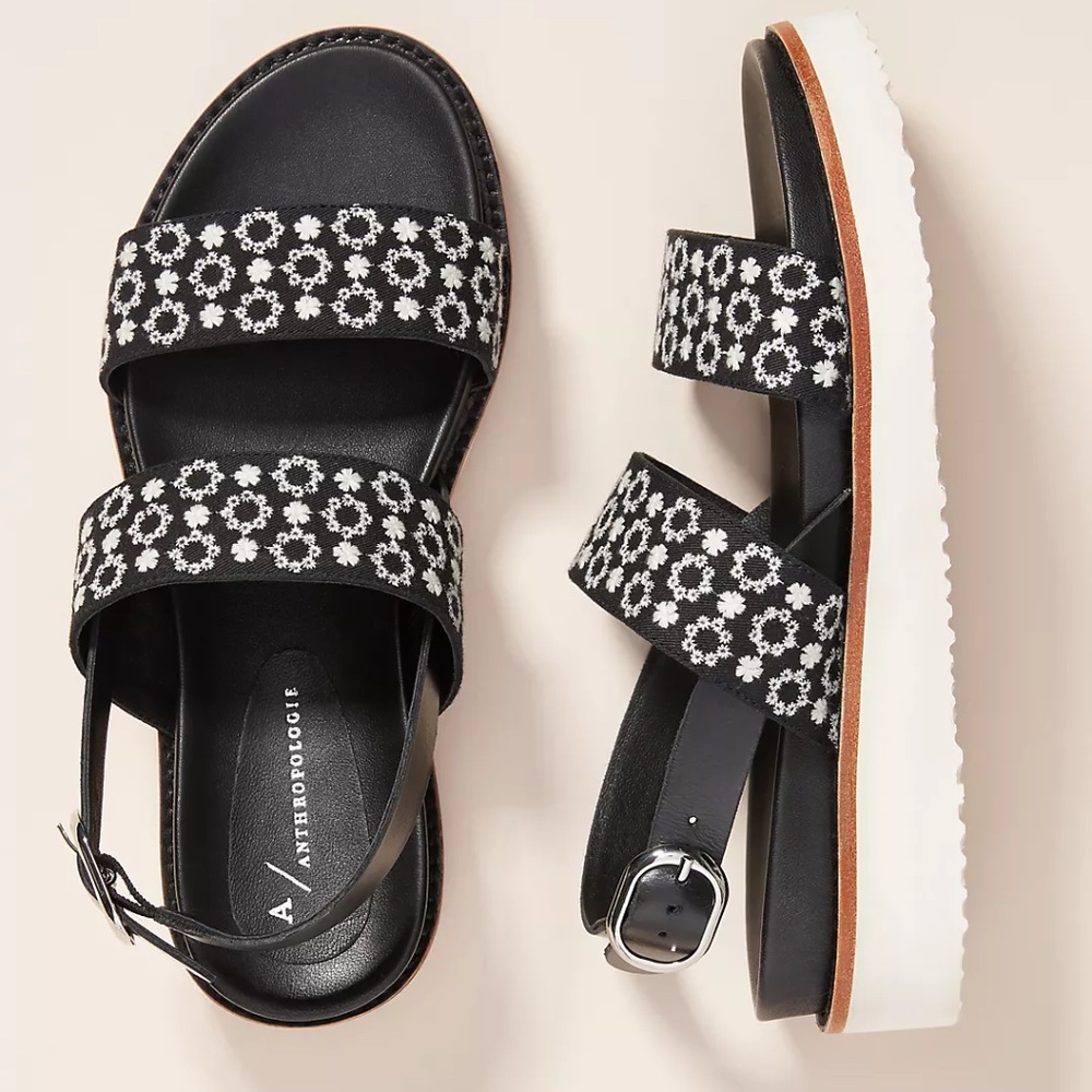 Anthropologie Emily Slingback Sandals Black White Floral